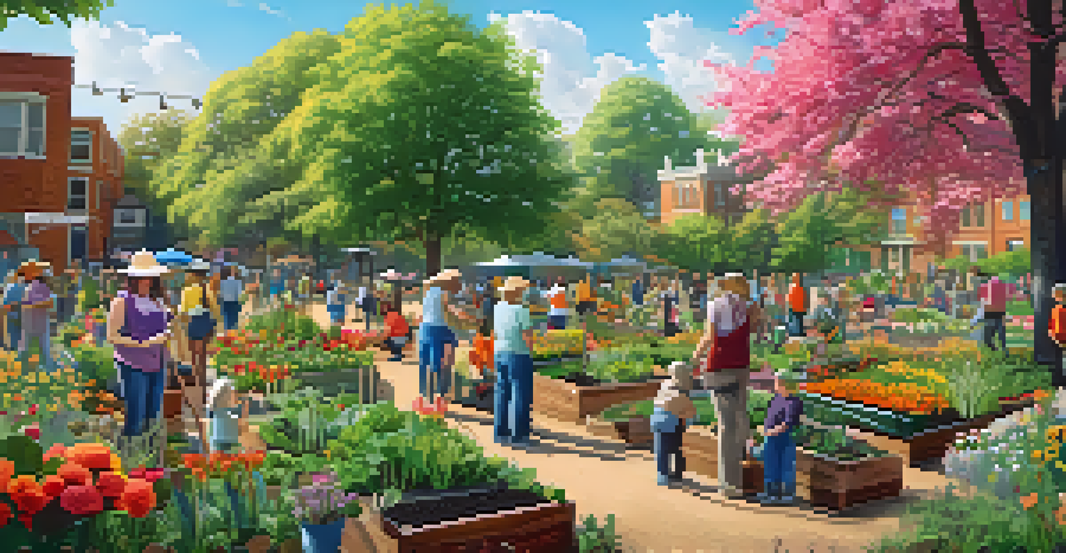 Community members engaging in gardening in an urban park, surrounded by greenery and flowers.