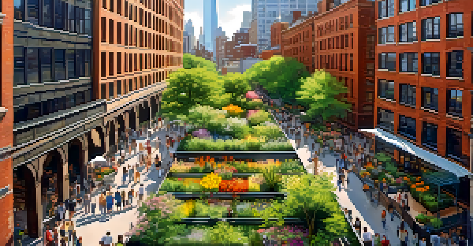 Aerial view of the High Line park in NYC, featuring greenery and people.