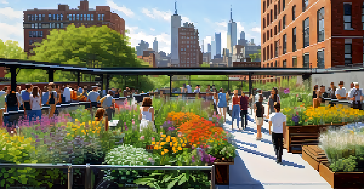 A lively scene of diverse visitors enjoying the High Line park, surrounded by art and greenery with the city skyline in the background.