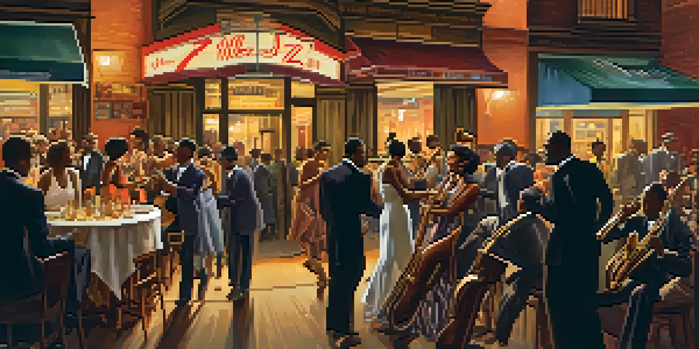 A lively jazz club in Harlem during the 1920s with musicians on stage and patrons dancing in a warmly lit environment.