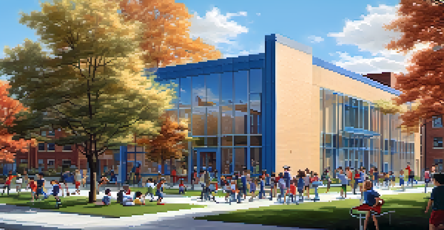 A modern charter school building with a welcoming entrance, surrounded by trees and playground equipment, with students playing outside.
