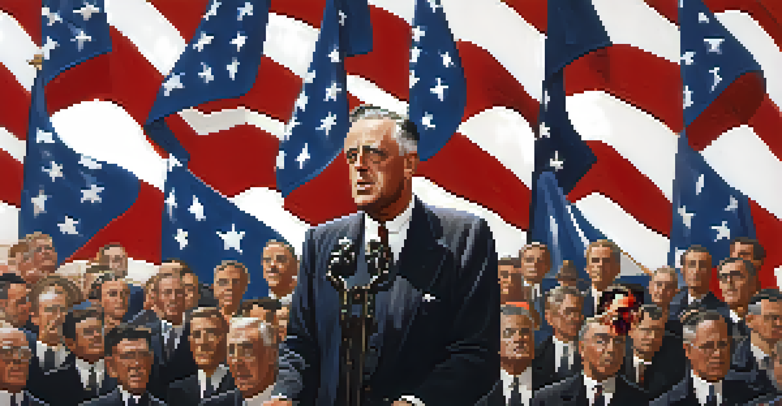 Franklin D. Roosevelt delivering a wartime speech at a podium, surrounded by American flags and an enthusiastic crowd.
