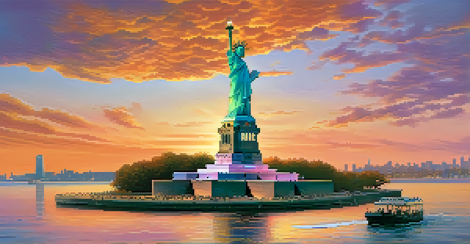 A diverse group of people admiring the Statue of Liberty at sunset, with a colorful sky and calm waters.
