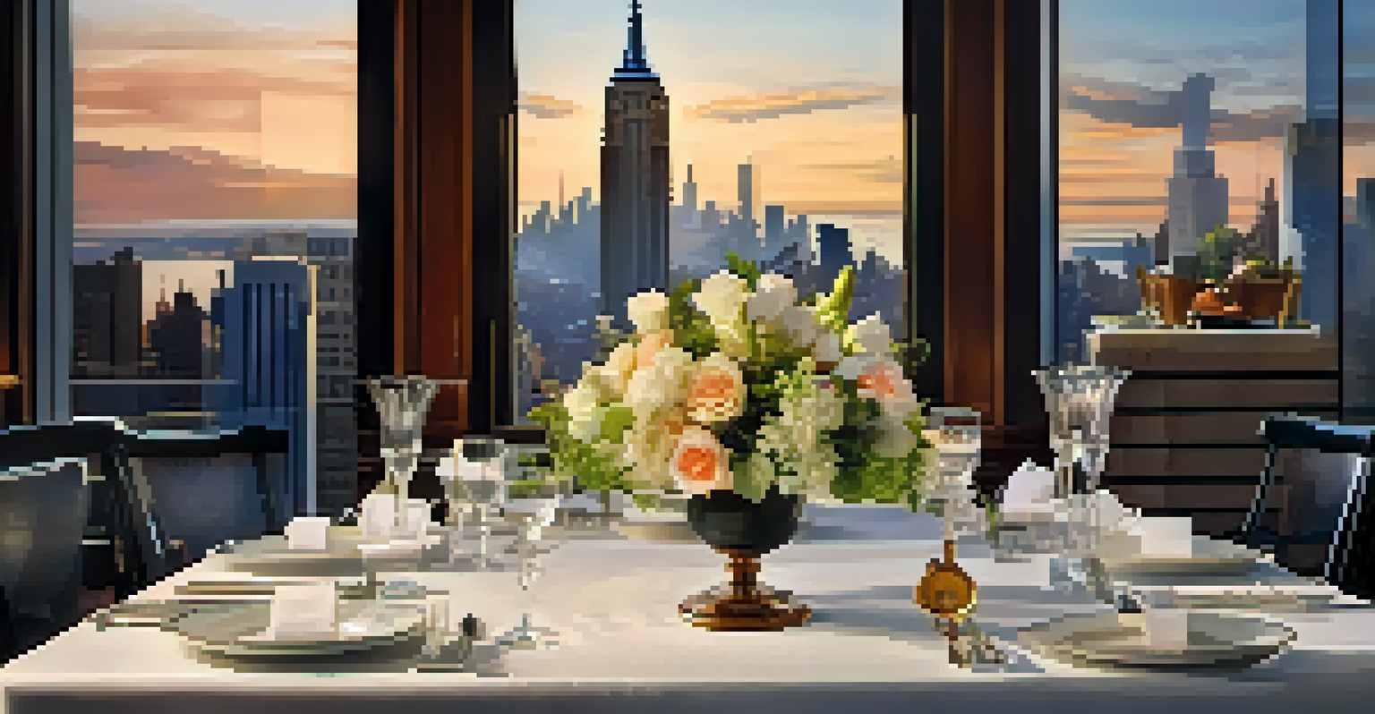 A beautifully set dining table in a fine restaurant with gourmet dishes and a view of the city skyline.