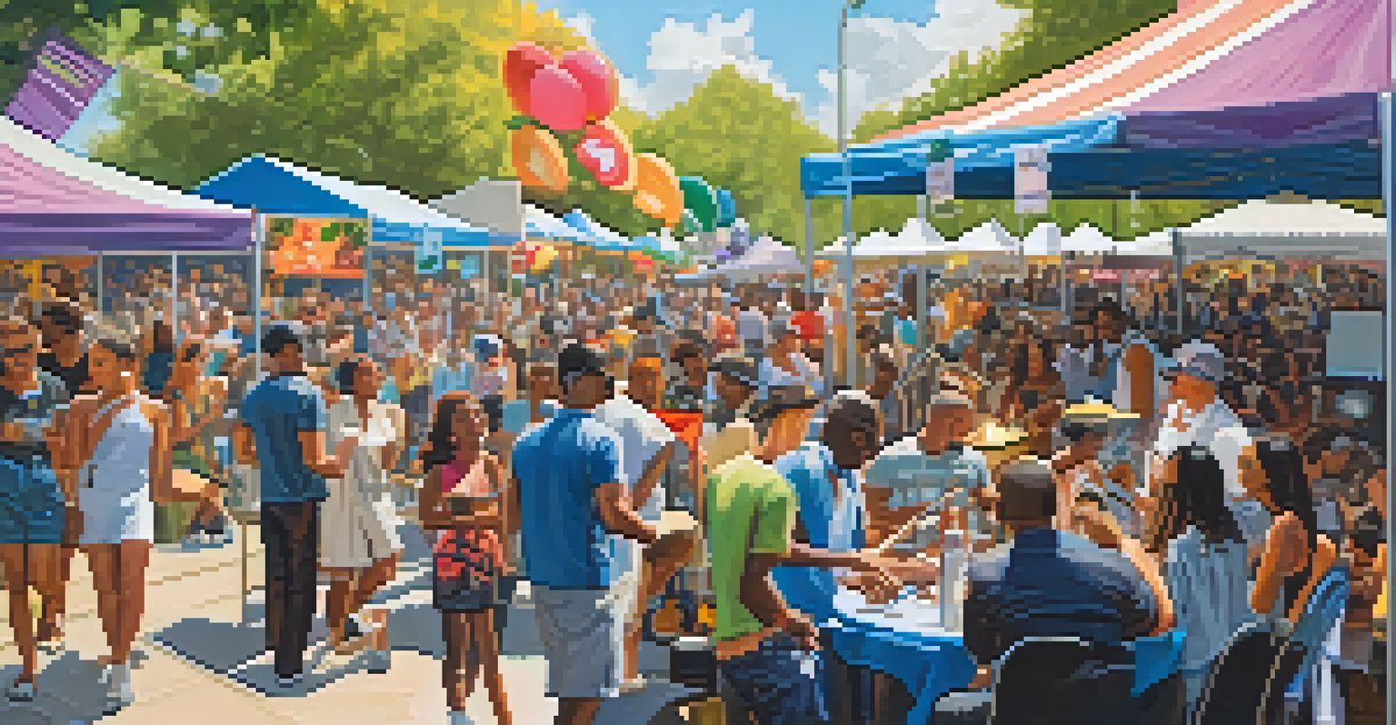 An outdoor jazz festival in a park with a crowd enjoying music, colorful banners, and food stalls under a bright sun.
