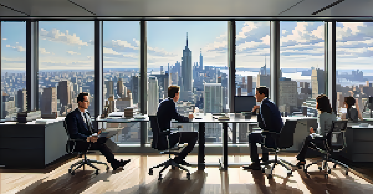 An office meeting in New York City with employees collaborating and a city skyline visible through large windows.