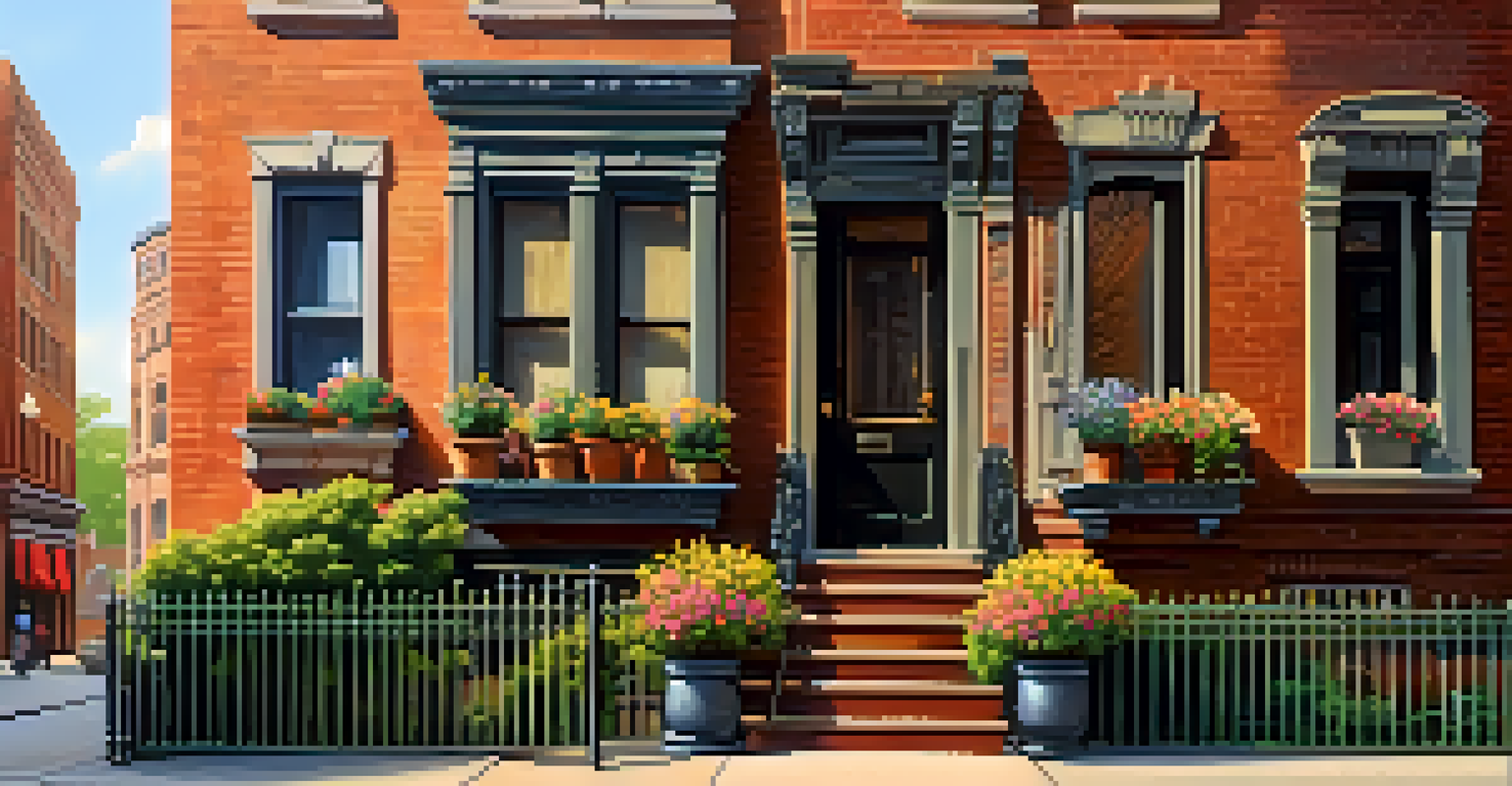 A close-up of a 'For Sale' sign in front of a brownstone, surrounded by vibrant flowers, bathed in warm golden hour light.