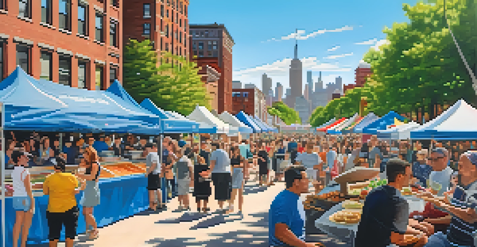 A lively food festival in Brooklyn, showcasing chefs, fresh ingredients, and families enjoying the atmosphere.