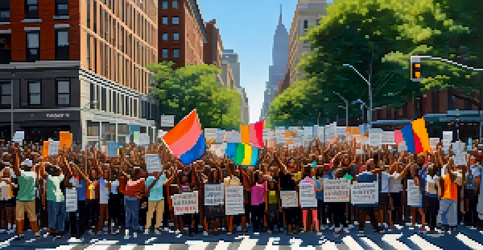 A diverse crowd of protesters in New York City holding signs for Black Lives Matter, with sunlight filtering through the trees.