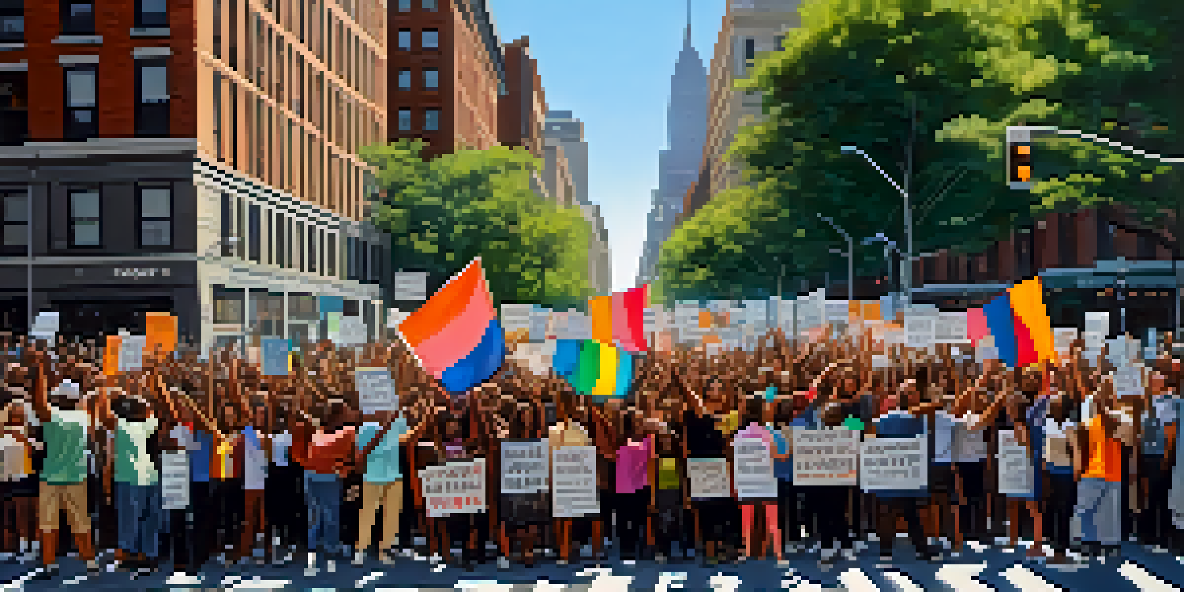 A diverse crowd of protesters in New York City holding signs for Black Lives Matter, with sunlight filtering through the trees.