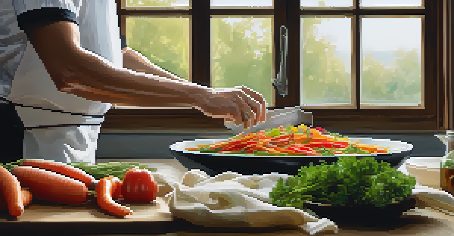A chef's hands skillfully chopping fresh vegetables in a bright kitchen, surrounded by colorful produce, with natural light coming in from a window.