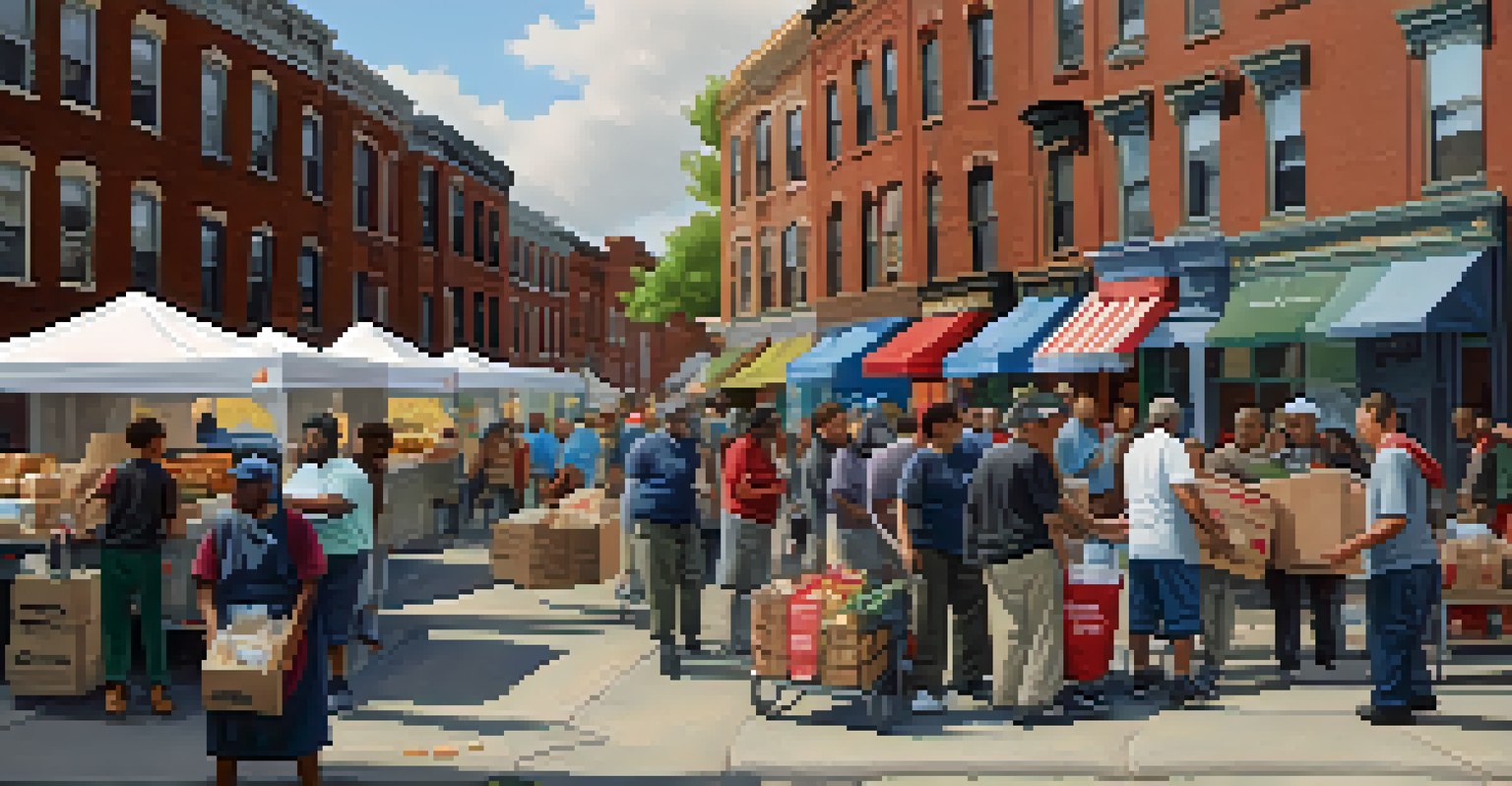 Volunteers from local organizations distributing food and supplies to residents in an urban neighborhood during a crisis.
