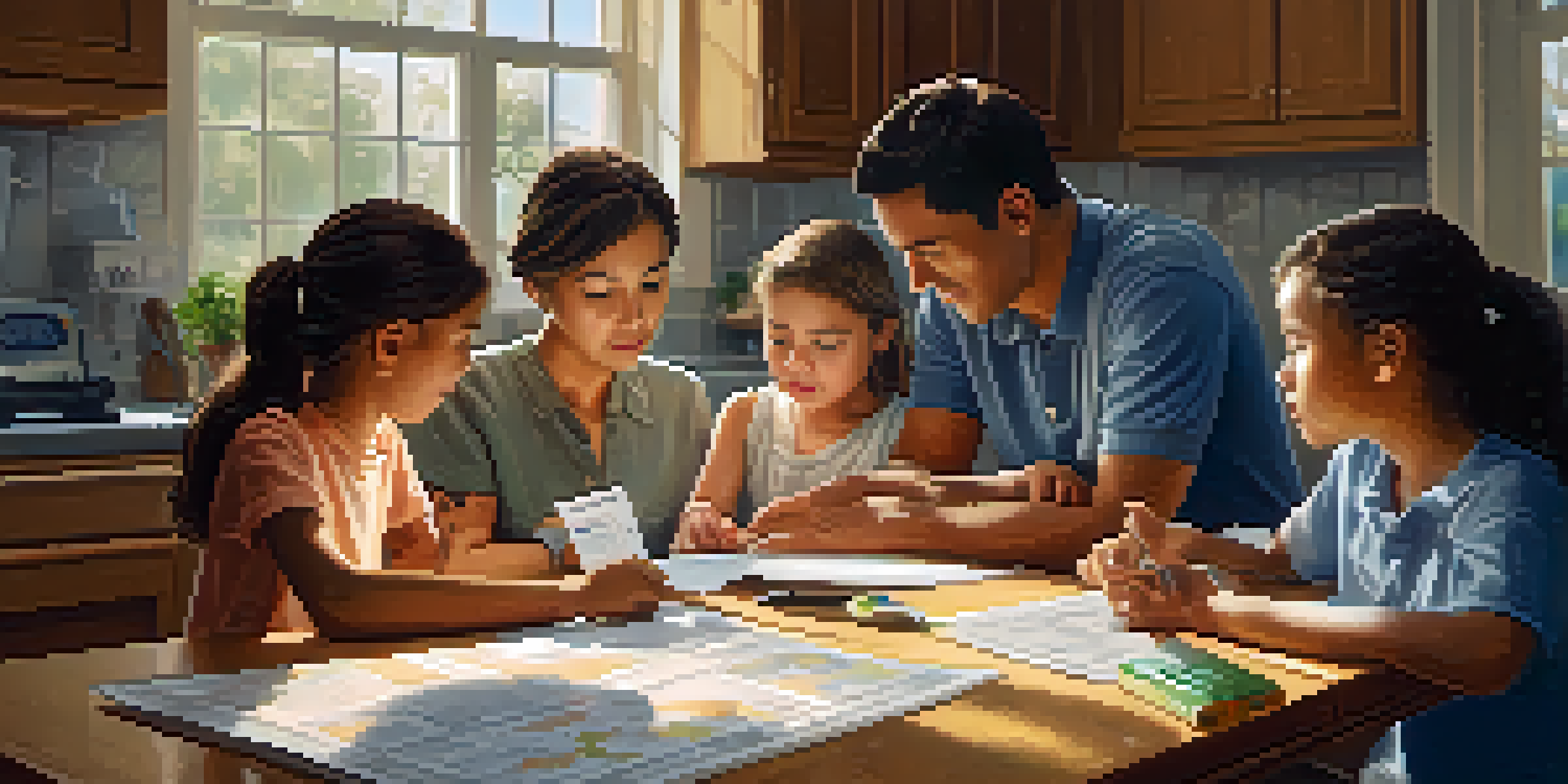 A diverse family around a kitchen table discussing their emergency preparedness plan, with a map and checklist.