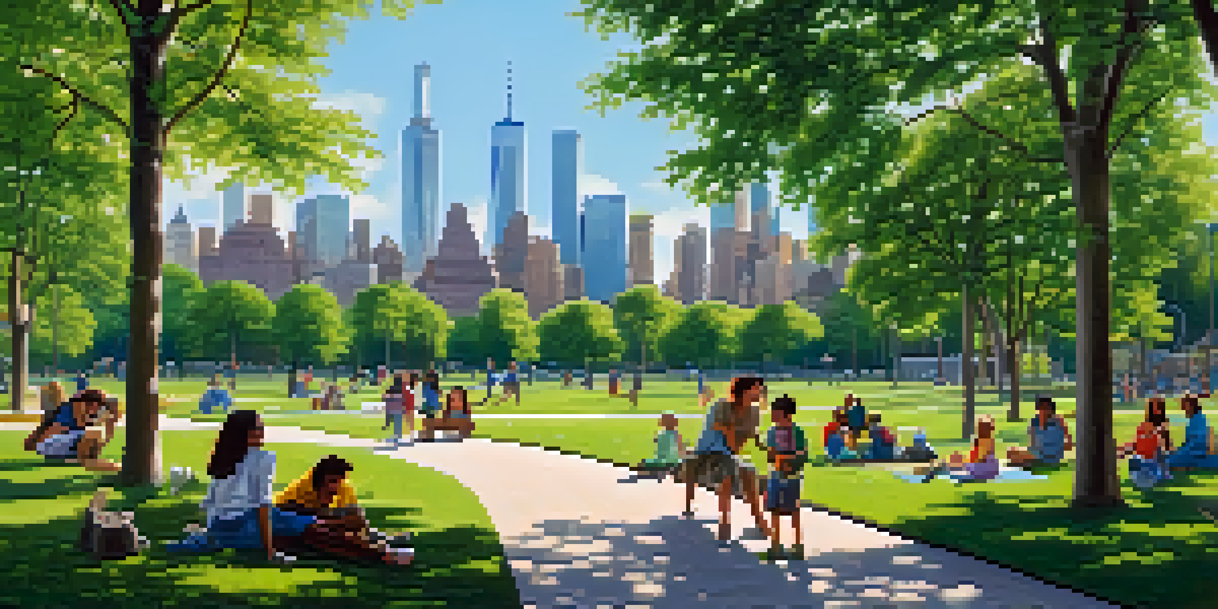 A lively urban park in New York City with people enjoying the outdoors, lush green trees, and a clear blue sky.