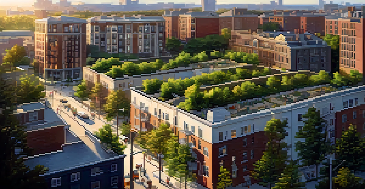 Aerial view of a revitalized urban neighborhood in New York City showing a mix of old and new buildings with greenery and people.