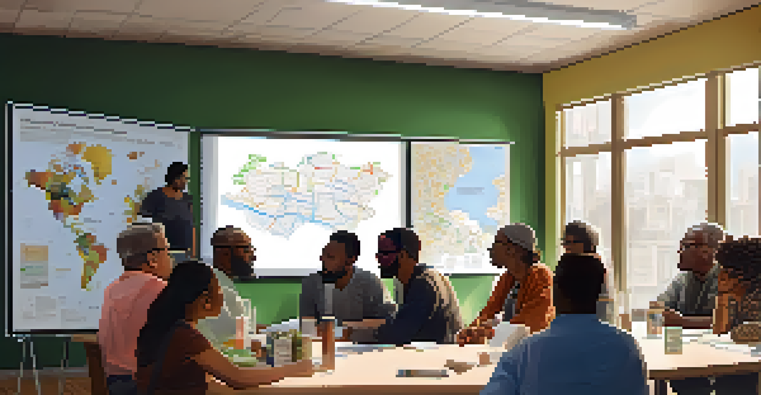 A community meeting with diverse residents discussing urban development, surrounded by charts and maps in a brightly lit room.