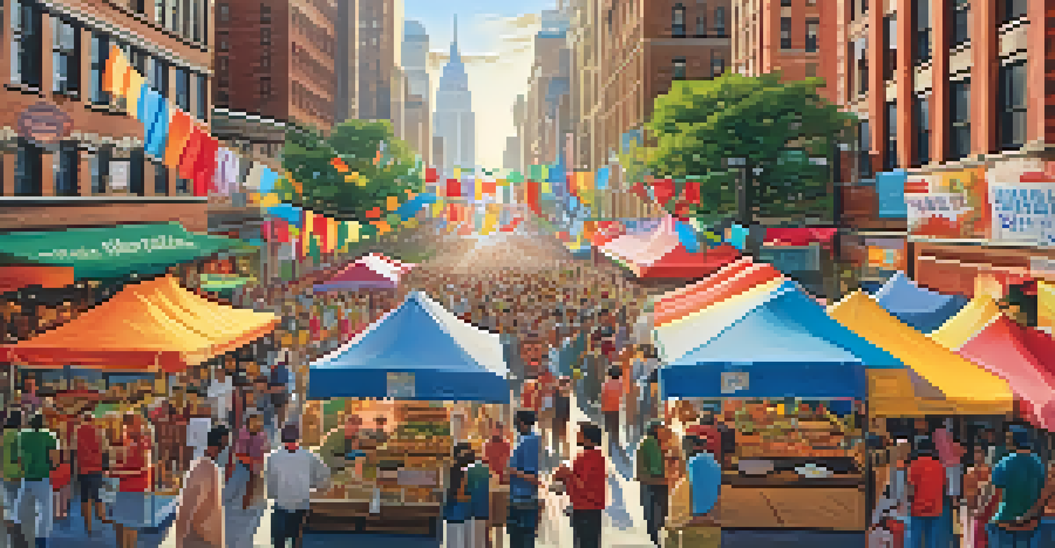 A vibrant street festival in NYC showcasing diverse cuisines and people enjoying food, dancing, and celebrating together.