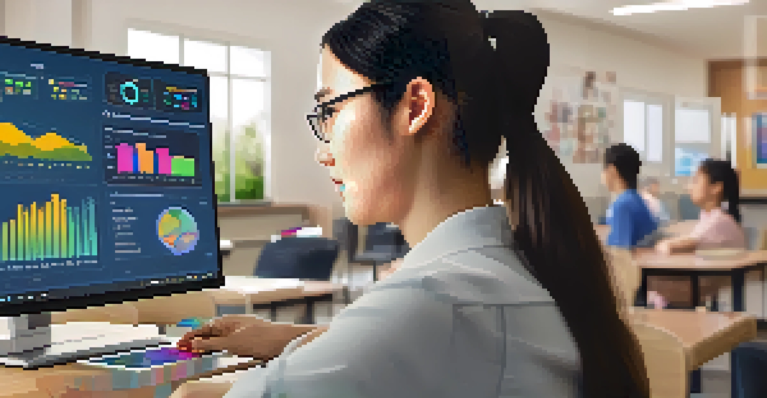 A teacher analyzing student performance data on a laptop in a cozy classroom.
