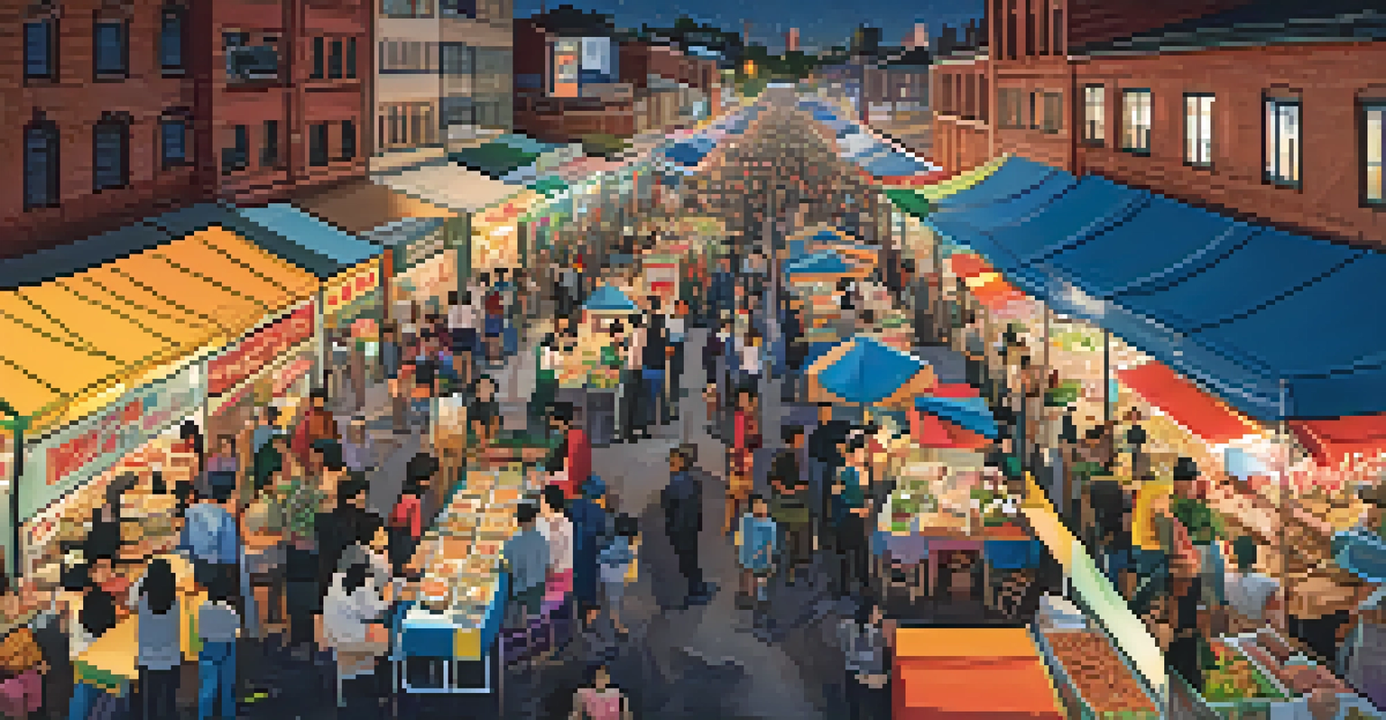 A bustling night market in Queens, NYC, featuring food stalls and people dining under festive lights.