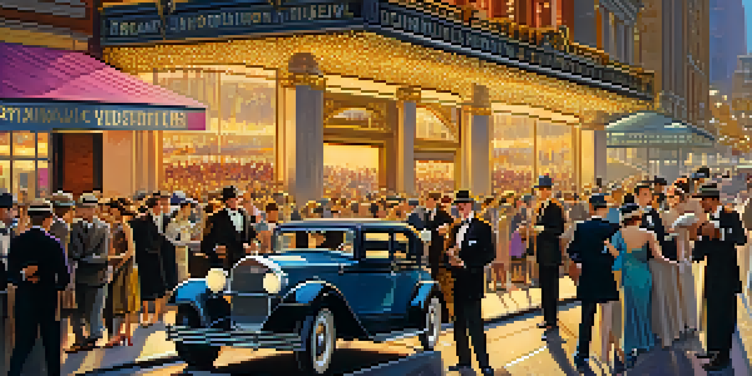 A 1920s New York City street scene with people in vintage clothing enjoying a jazz performance outside a theater, illuminated by warm street lamp light and surrounded by tall buildings.