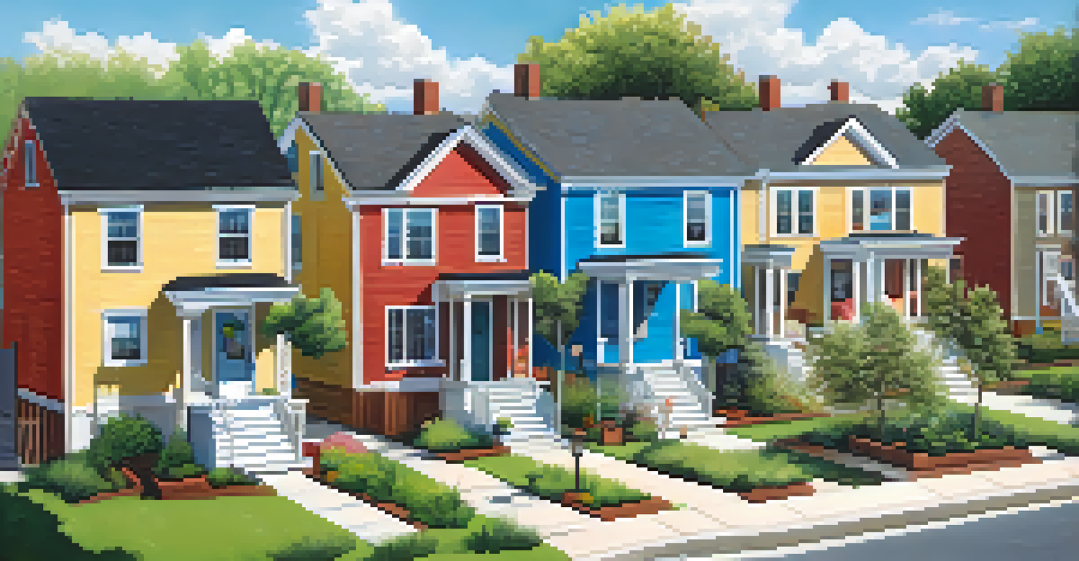 A row of affordable houses in an urban neighborhood, with community members working together in a garden.