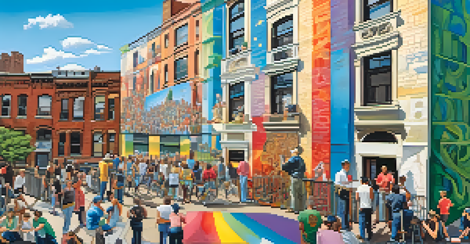 A diverse group of artists painting a large mural on a city wall with bright colors and designs.