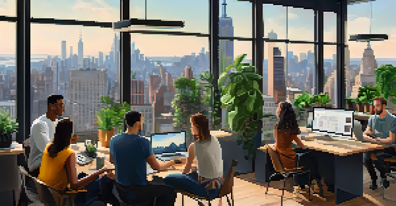 A lively co-working space in NYC with diverse gig workers collaborating, modern decor, and skyline views.