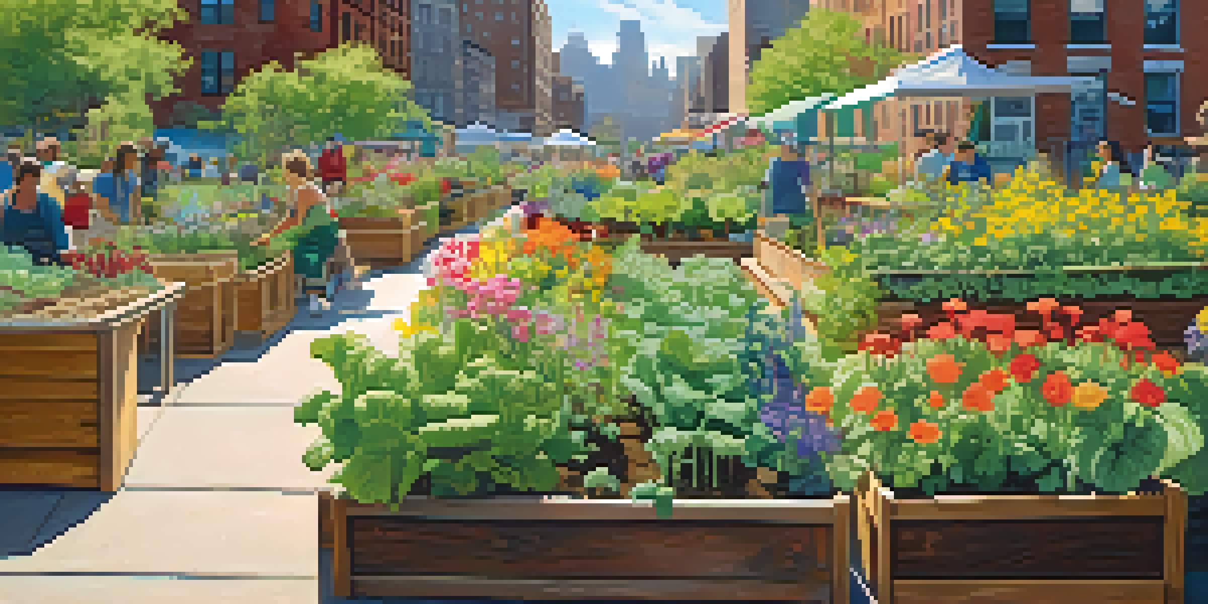 A lively community garden filled with flowers and vegetables, with people gardening under a sunny sky.