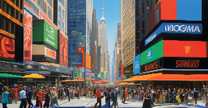 A busy New York City street featuring various financial institutions, pedestrians, and vibrant storefronts, illuminated by warm afternoon light.