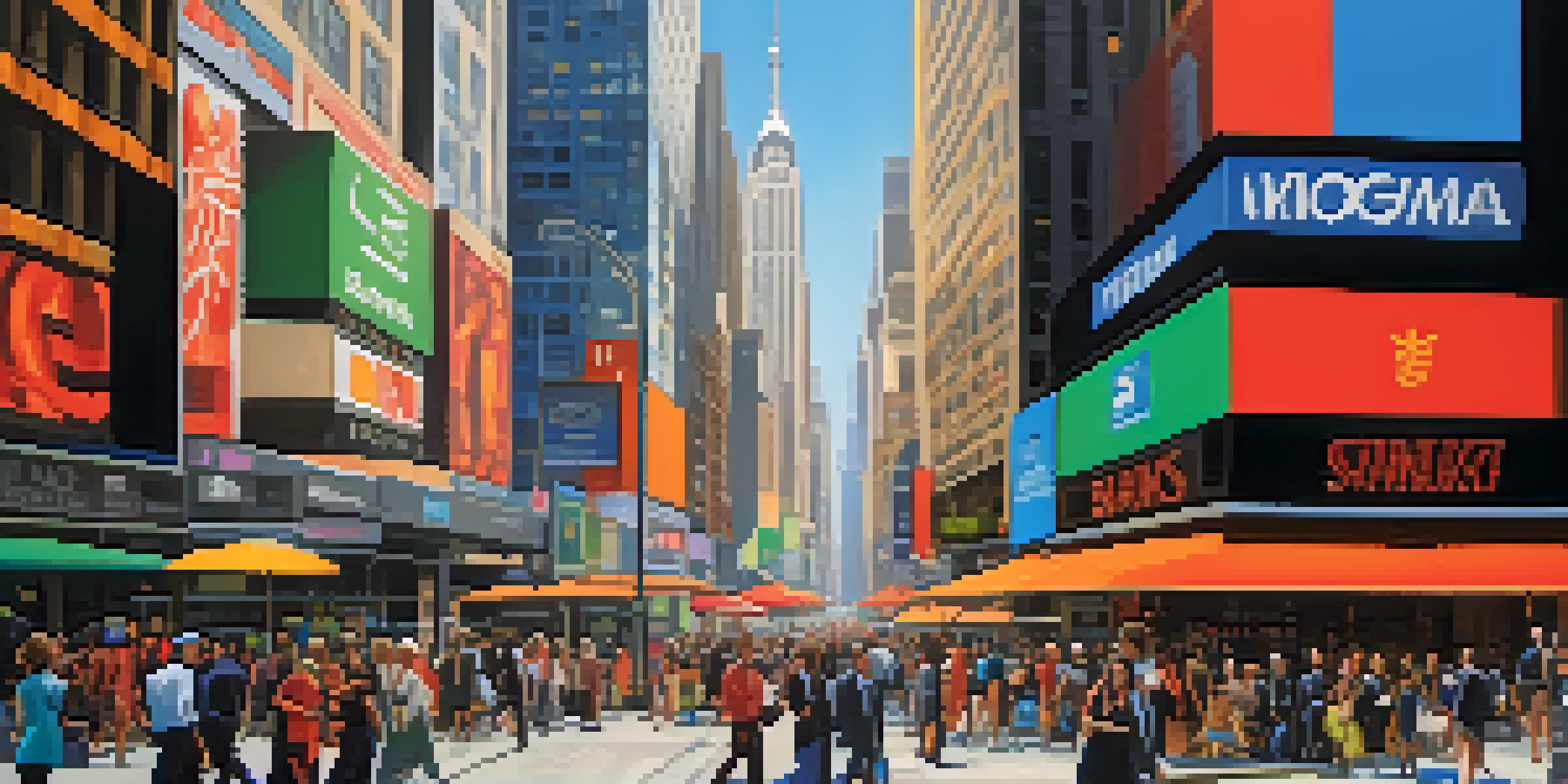 A busy New York City street featuring various financial institutions, pedestrians, and vibrant storefronts, illuminated by warm afternoon light.
