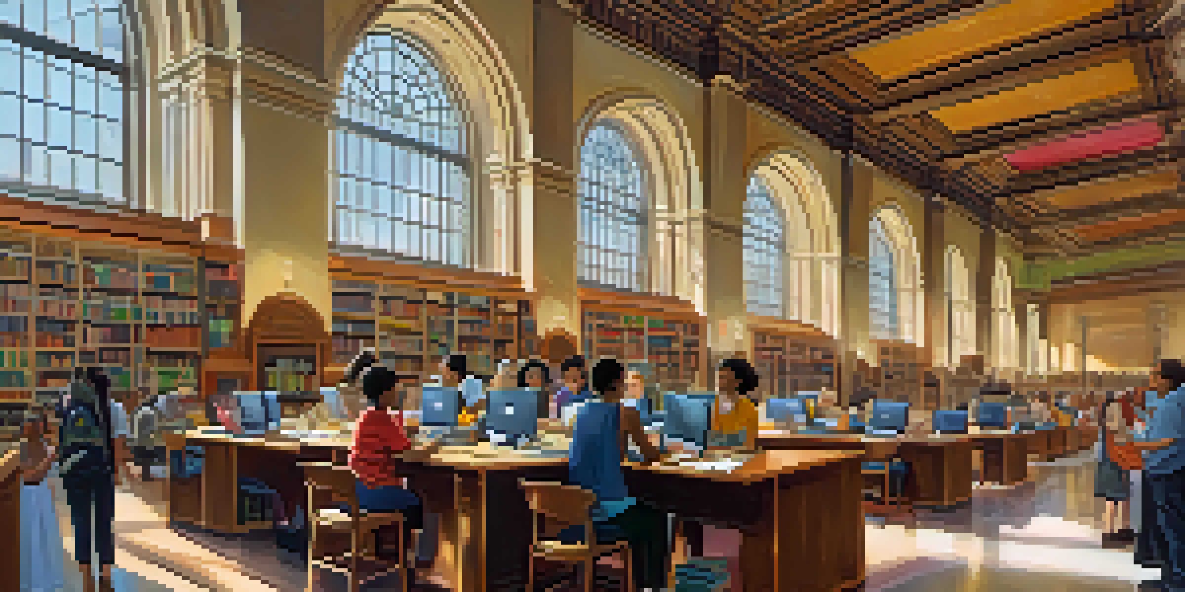 A diverse group of people inside a New York library, reading and participating in workshops, surrounded by books and natural light.