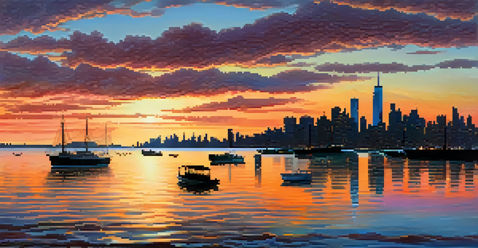 A tranquil sunset view of New York Harbor with city skyline silhouettes and marine life in the water.