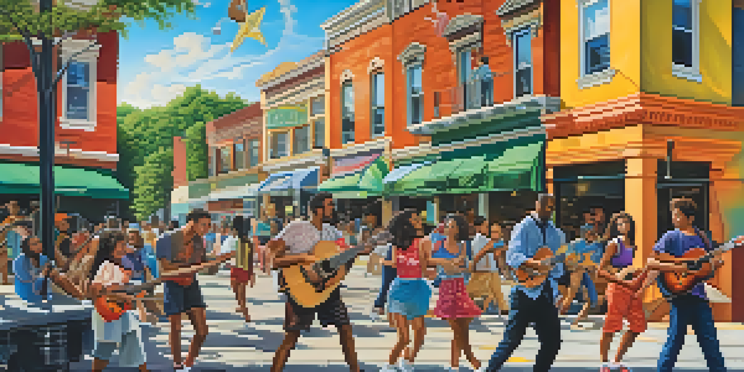 A colorful urban mural showing diverse people engaging in creative activities in a lively city street with warm sunlight.