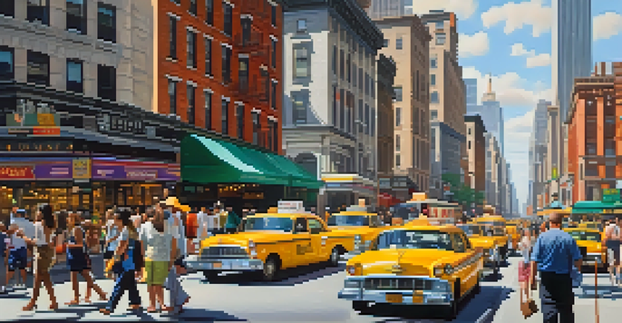 A bustling street in New York City with tourists and locals walking, colorful storefronts, and yellow taxis, under bright sunlight.