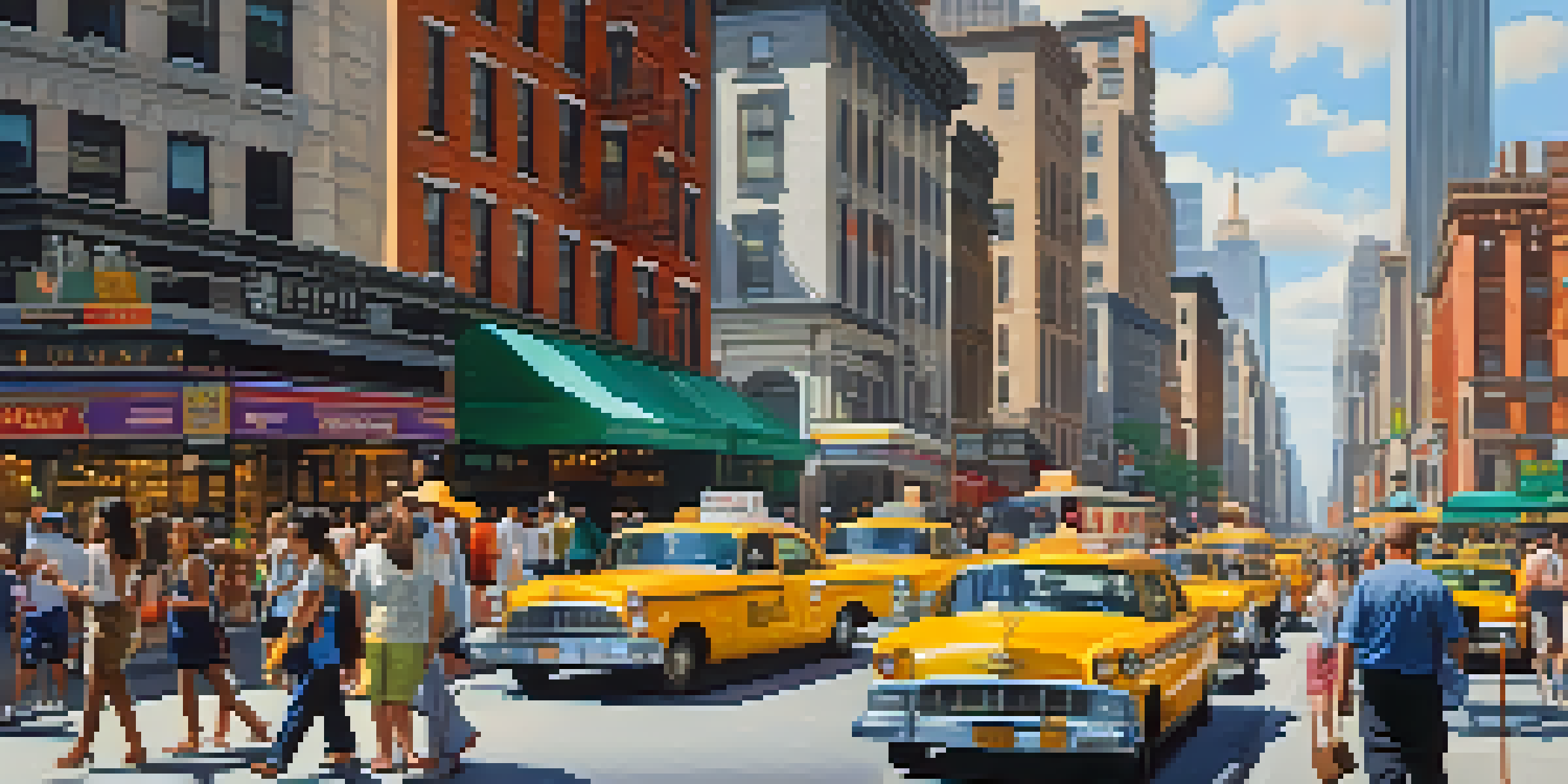 A bustling street in New York City with tourists and locals walking, colorful storefronts, and yellow taxis, under bright sunlight.