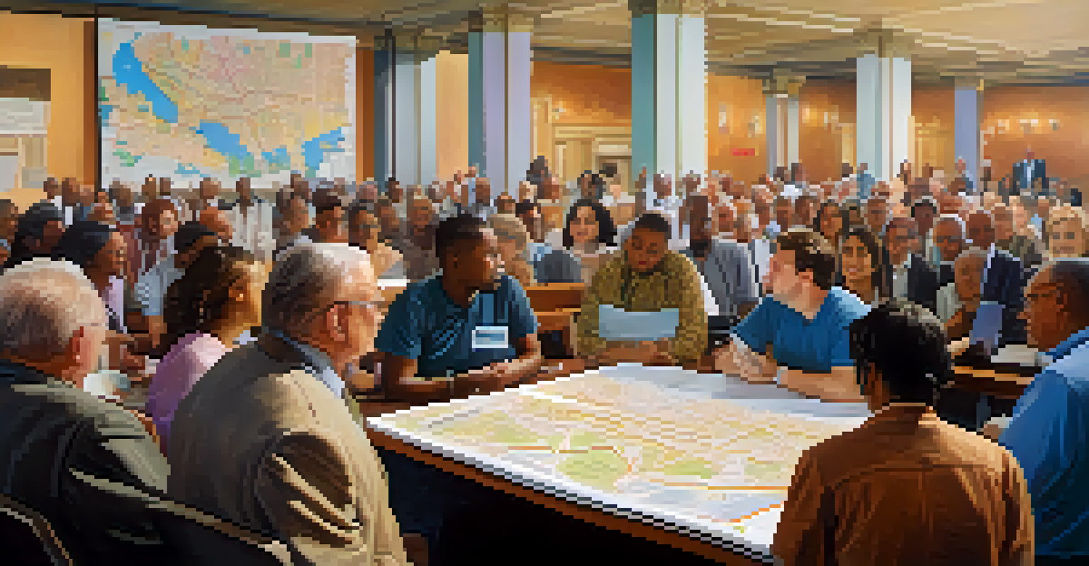 A community meeting in a city hall with diverse residents discussing urban planning, examining maps and documents, surrounded by colorful posters.