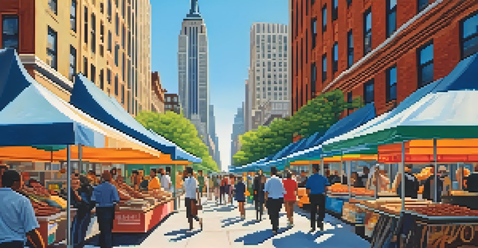 A vibrant New York City street filled with diverse pedestrians and modern skyscrapers under a blue sky.