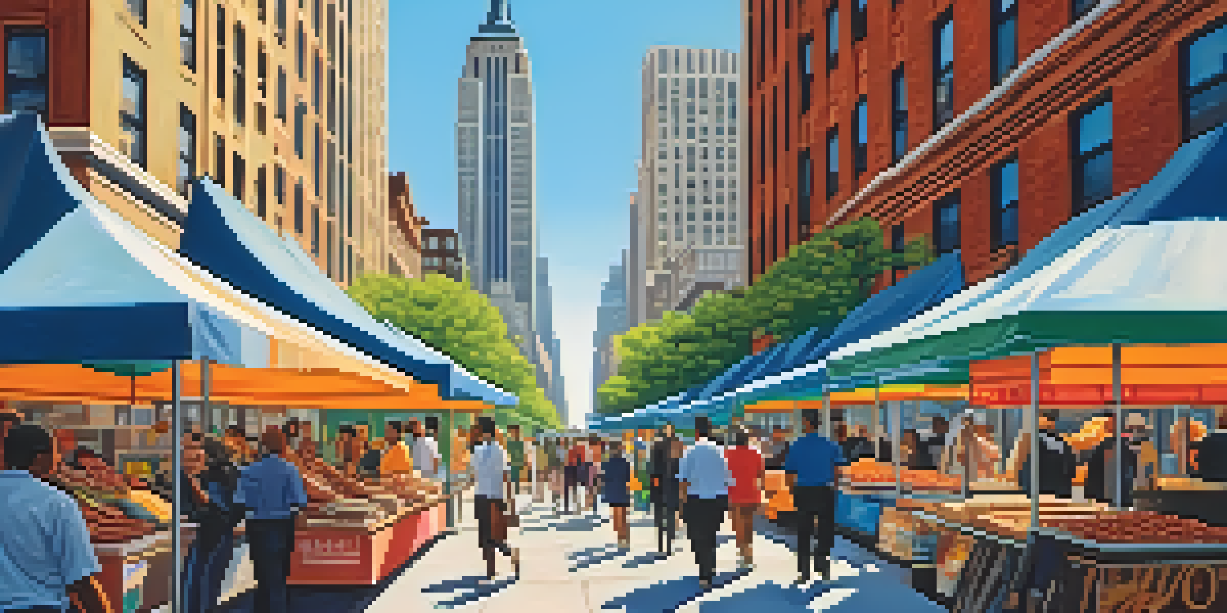 A vibrant New York City street filled with diverse pedestrians and modern skyscrapers under a blue sky.