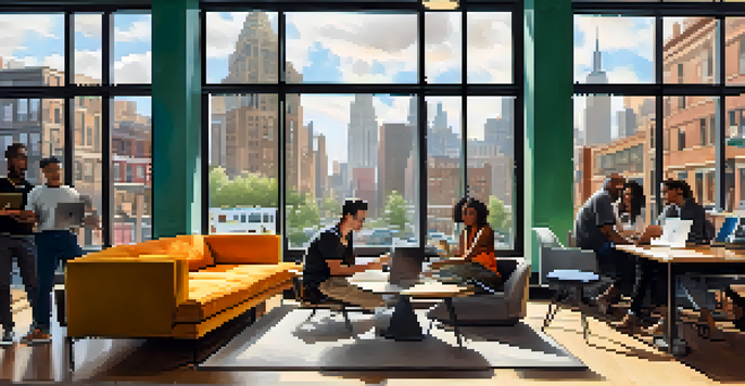 A vibrant scene of diverse tech entrepreneurs working together in a modern co-working space in New York City, with large windows and colorful furniture.