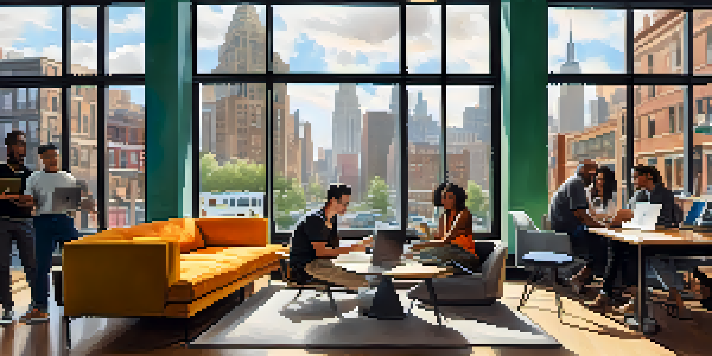 A vibrant scene of diverse tech entrepreneurs working together in a modern co-working space in New York City, with large windows and colorful furniture.