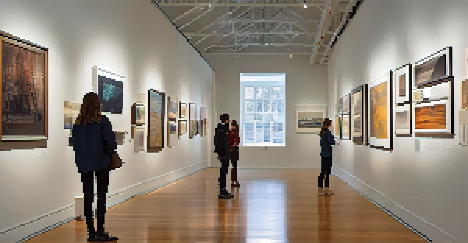 Gallery exhibition showcasing student artwork with viewers admiring framed pieces under warm spotlights and a banner announcing the event.