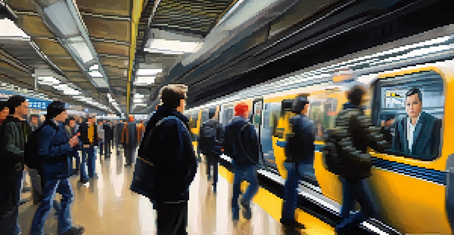 A close-up of a modern surveillance camera in a subway station, with commuters blurred in the background, emphasizing security technology.