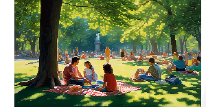 A sunny day in Central Park with families having a picnic under an oak tree, children playing, and adults talking, with sunlight filtering through the leaves.