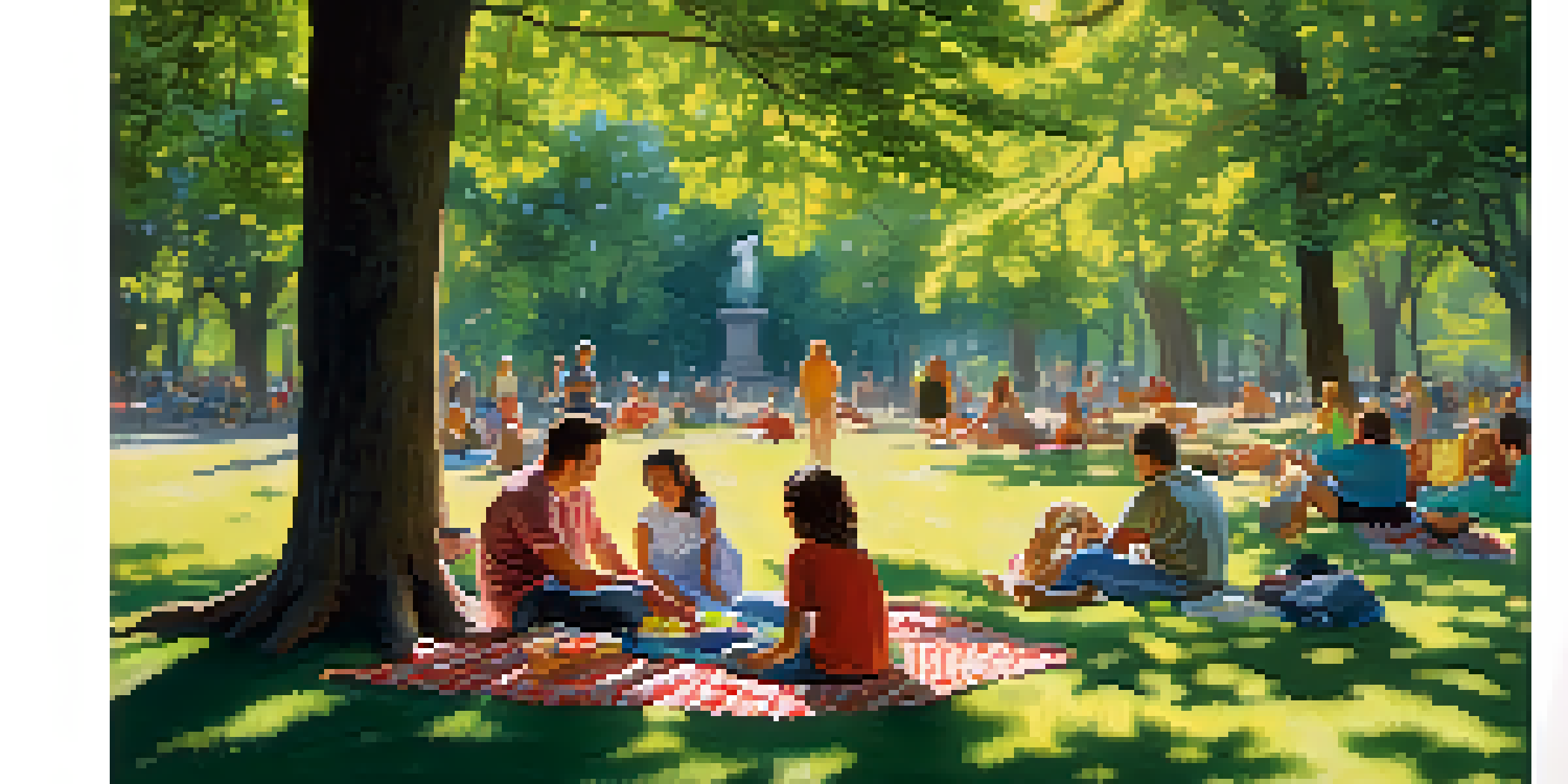 A sunny day in Central Park with families having a picnic under an oak tree, children playing, and adults talking, with sunlight filtering through the leaves.