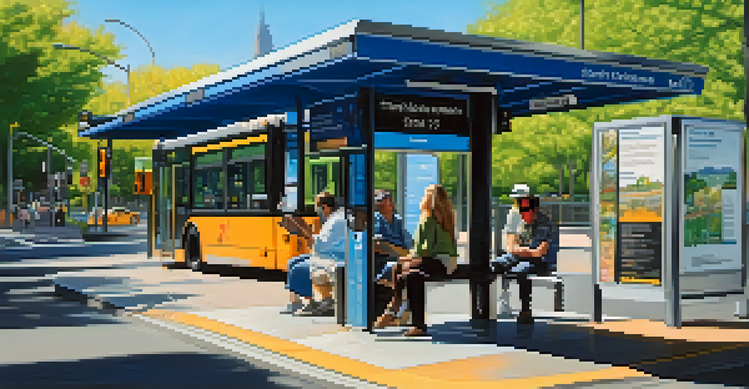 A peaceful bus stop in New York City with greenery and people waiting under a bright blue sky.