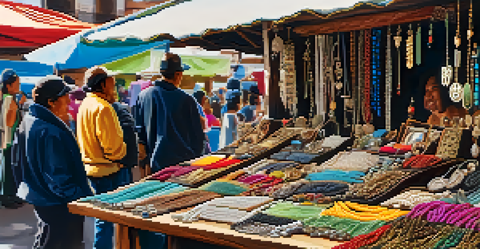 A close-up of handmade jewelry at a street fair, with customers admiring the colorful pieces.