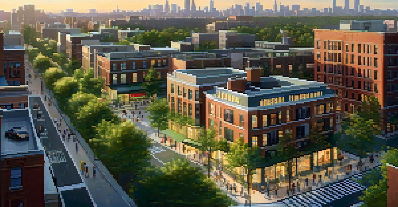 An aerial view of a mixed-use neighborhood in New York City, showing residential buildings, shops, and green parks with people commuting in soft evening light.