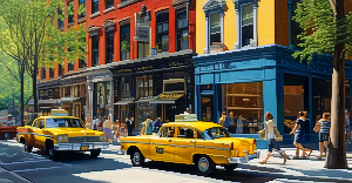 A busy street in New York City featuring a historic building with detailed architecture, sunlight filtering through trees, and colorful storefronts.