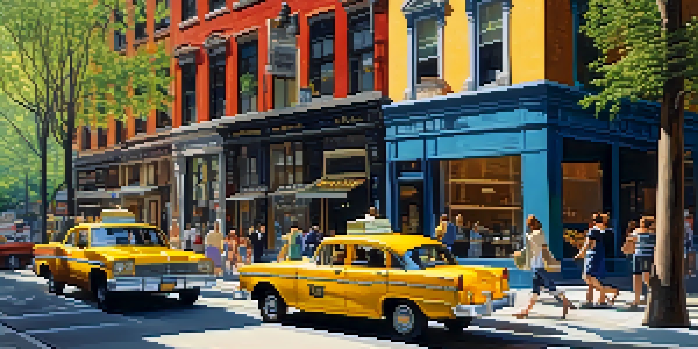 A busy street in New York City featuring a historic building with detailed architecture, sunlight filtering through trees, and colorful storefronts.