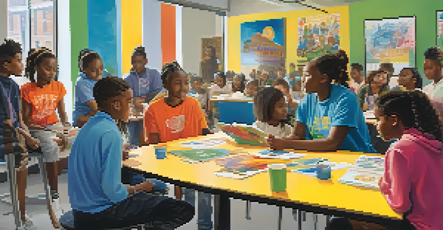 Young people engaged in a mentorship workshop, discussing educational materials around a table with inspiring quotes on the walls.